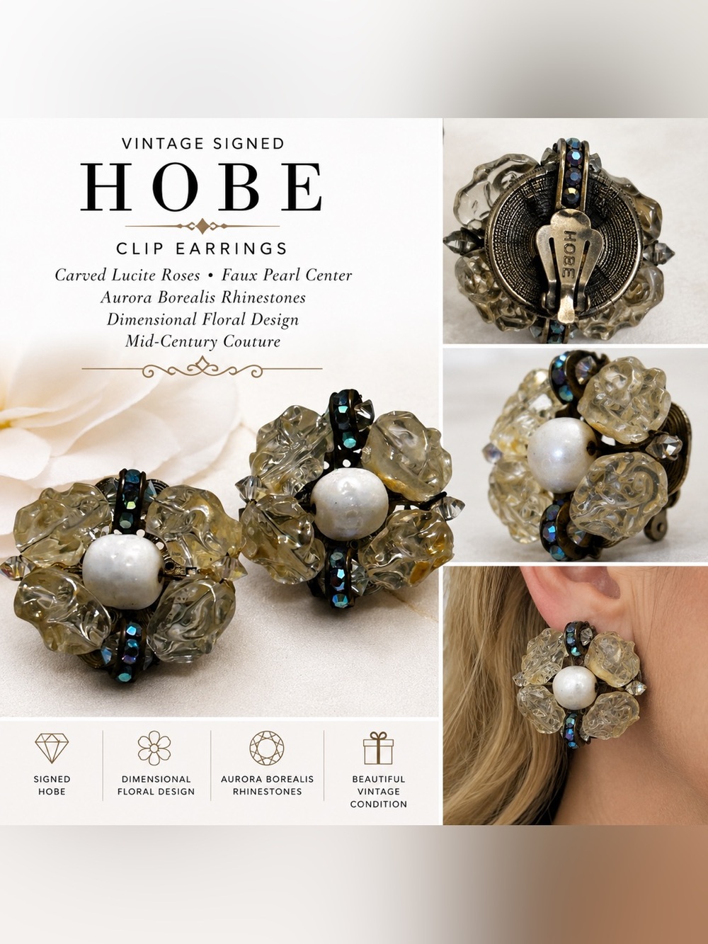 Vintage Hobe Crystal Flower Clip-On Earrings in Champagne and Pearl